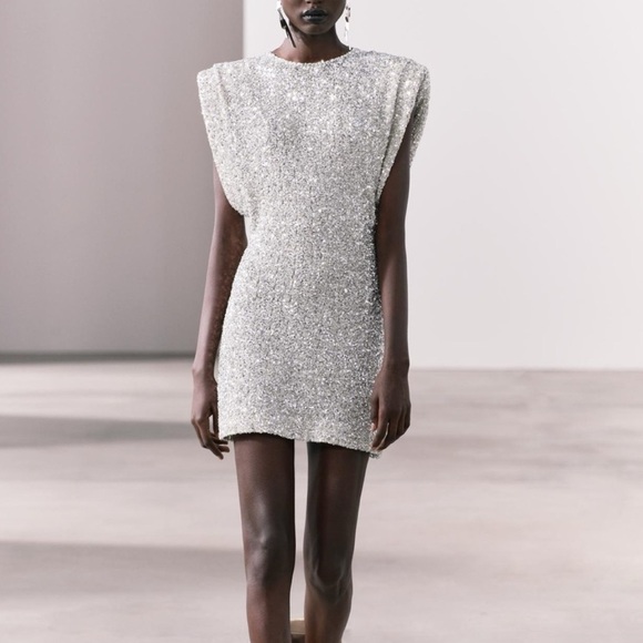 Zara Dresses & Skirts - Zara ZW Collection Sequinned Dress Shoulder Pads Silver Size L
